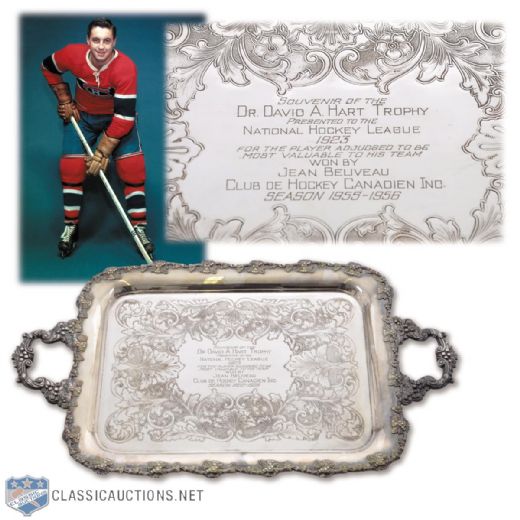 Jean Beliveaus 1955-56 Hart Memorial Trophy Platter with His Signed LOA (27" x 15")