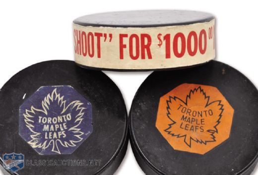 Toronto Maple Leafs 1962-64 "Original Six" Game Puck, Scarce Contest Puck and 1969-73 Converse Game Puck
