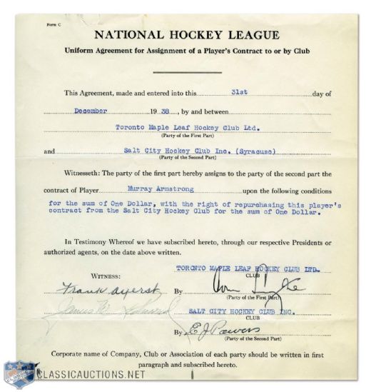 Murray Armstrongs 1938 Assignment Agreement Signed by Deceased HOFer Conn Smythe