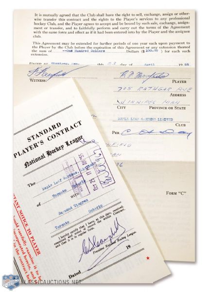 Ray Timgrens 1955-56 NHL Contract and 1955 Ron Farnfields Option "C" Agreement - Both Signed by Hap Day!