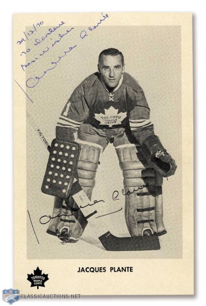 Deceased HOFer Jacques Plante Signed 1970 Toronto Maple Leafs Postcard