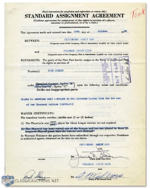 Deceased HOFer Eddie Shore Signed 1952 Standard Assignment Agreement