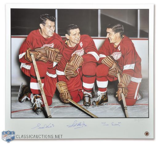 Detroit Red Wings Production Line Limited-Edition Lithograph Autographed by Howe, Abel and Lindsay (27" x 29")