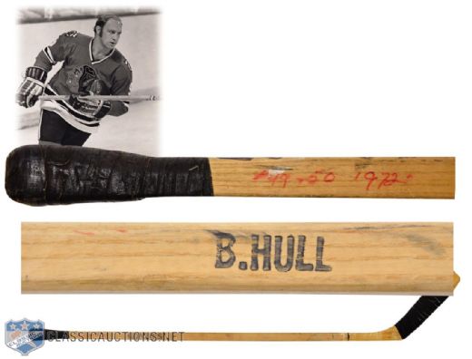 Bobby Hulls 1971-72 Chicago Black Hawks 50th Goal of Season Game-Used Stick - His Fifth 50-Goal Season!