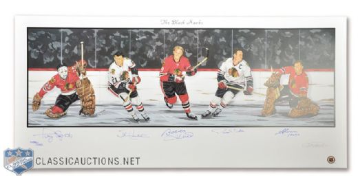 Chicago Black Hawks Limited-Edition Lithograph Autographed by 5 HOFers (18" x 39")