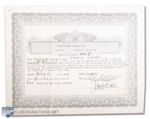 Eddie Shores 1929 Bell Syndicate Stock Share and Signed Application