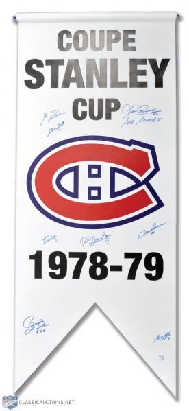 Montreal Canadiens 1978-79 Stanley Cup Banner Signed by 9 with 6 HOFers (20 1/2" x 49")