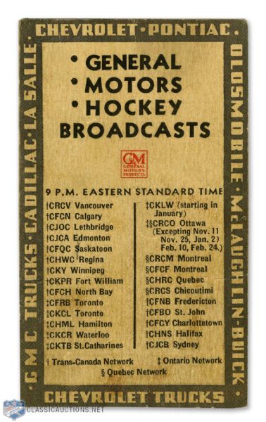 1933-34 General Motors Canadiens, Leafs and Maroons Hockey Schedule