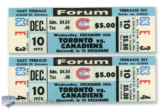 Montreal Forum 1975 Full Tickets (2) - Habs vs Leafs - Henri Richard Jersey Retirement Night
