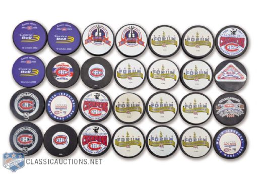 Montreal Canadiens Game Puck and Souvenir Puck Collection of 37