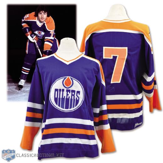 Paul Coffeys 1980-81 Edmonton Oilers Game-Worn Rookie Road Jersey with LOAs - Team Repairs! - Photo-Matched!