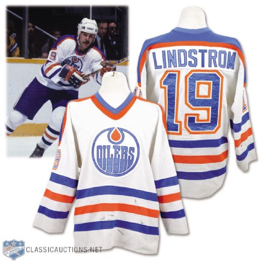Willy Lindstroms 1983-84 Edmonton Oilers Game-Worn Stanley Cup Finals Jersey with His Signed LOA - Team Repairs!
