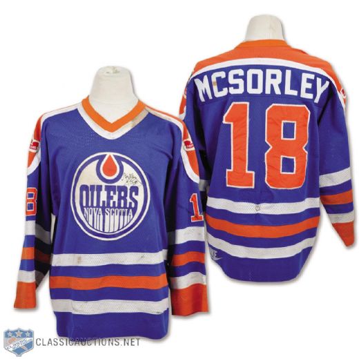 Marty McSorleys 1985-87 Nova Scotia Oilers Signed Game-Worn Jersey - Team Repairs!