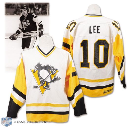 Peter Lees 1982-83 Pittsburgh Penguins Game-Worn Jersey with Baz Bastien Memorial Armband - Team Repairs!