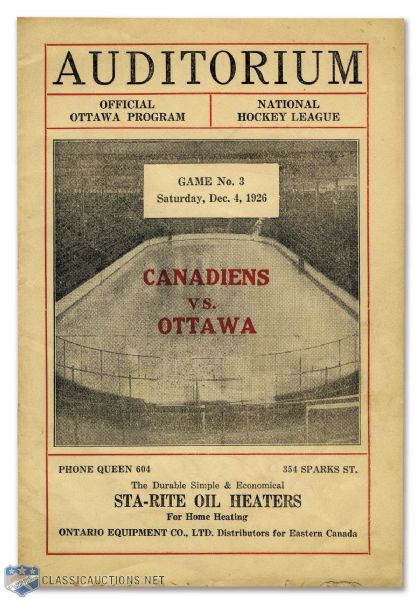 Ottawa Auditorium 1926-27 Program- Ottawa Senators vs Montreal Canadiens