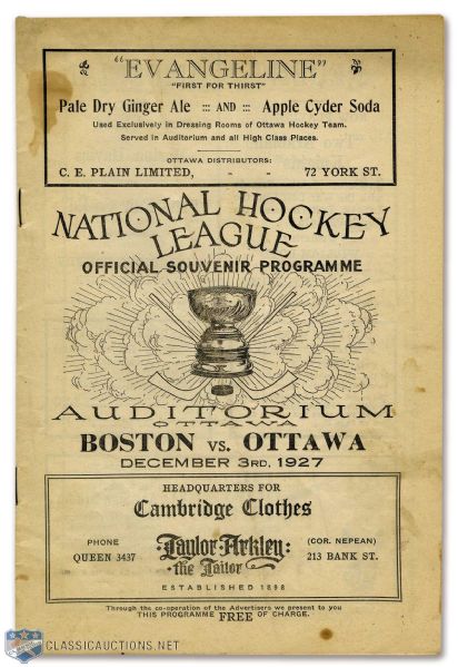 Ottawa Auditorium 1927-28 Program- Ottawa Senators vs Boston Bruins