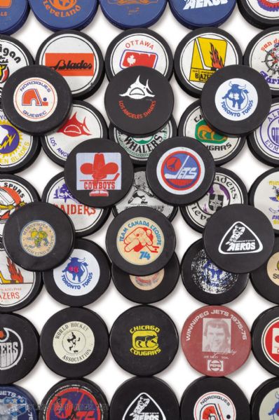 WHA Game Puck and Souvenir Puck Collection of 43