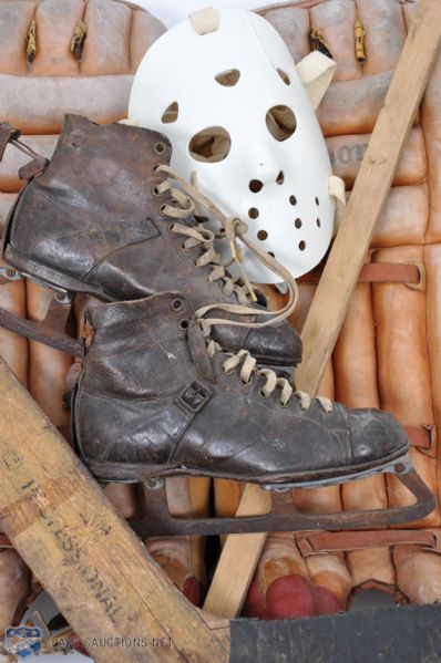 Vintage Collection of Skates, 2 Sticks, Goalie Pads and Mask