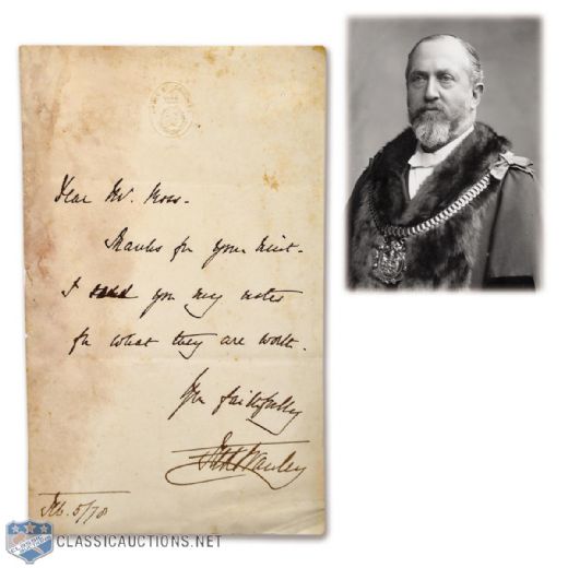 1870s Lord Stanley Handwritten Letter with Rare "Fred Stanley" Signature