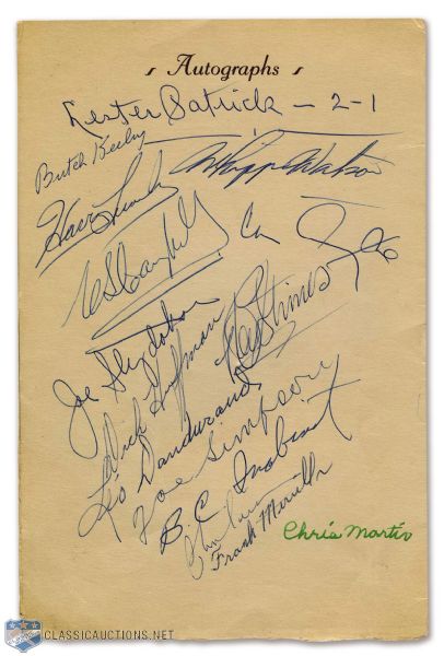 1956 Ontario Sports Writers Menu Signed by 15 with 6 Deceased HOFers (9" x 6")