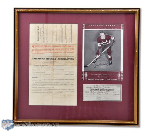 Gus Markers 1929-30 AHL Tulsa Oilers Contract, Signed Check and Sweet Caporal Photo Framed Display (19" x 20 1/2")