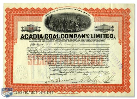 Deceased HOFer Sir Montagu Allan Signed 1914 Stock Certificate