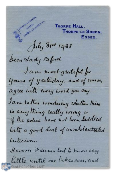 Lord Julian Byng Signed 1928 Handwritten Letter