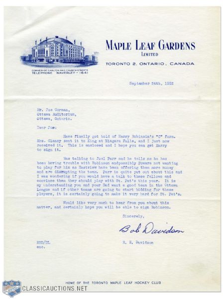 Maple Leaf Gardens Letterheads (2) with 1952 Bob Davidson Signed Letterhead