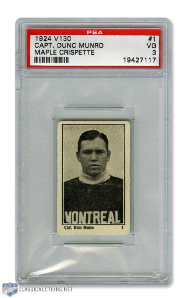1924-25 Maple Crispette V130 Hockey Card #1 Dunc Munro RC - Graded PSA 3