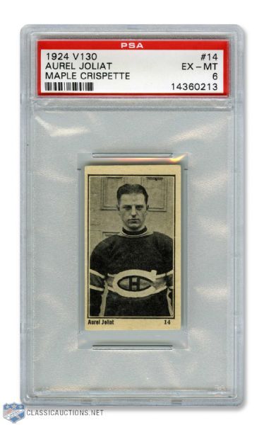 1924-25 Maple Crispette V130 Hockey Card #14 HOFer Aurele "Mighty Atom" Joliat - Graded PSA 6 - Highest Graded!