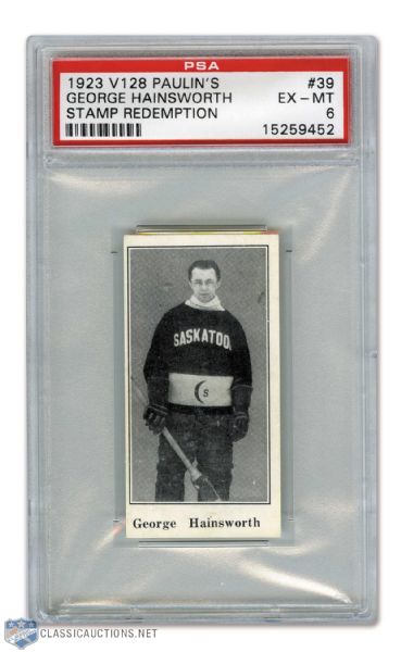 1923-24 Paulins Candy V128 Hockey Card #39 HOFer George Hainsworth RC (Stamp) - Graded PSA 6 - Highest Graded!