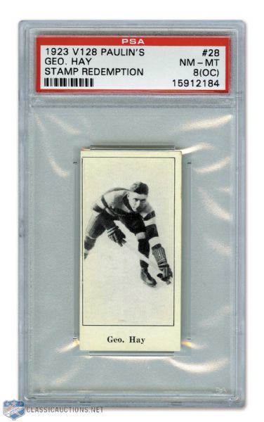 1923-24 Paulins Candy V128  Hockey Card #28 HOFer George Hay (Stamp) - Graded PSA 8 (OC) - Highest Graded!