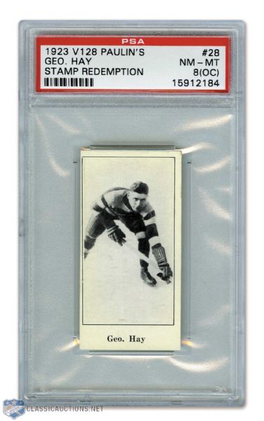 1923-24 Paulins Candy V128  Hockey Card #28 HOFer George Hay (Stamp) - Graded PSA 8 (OC) - Highest Graded!