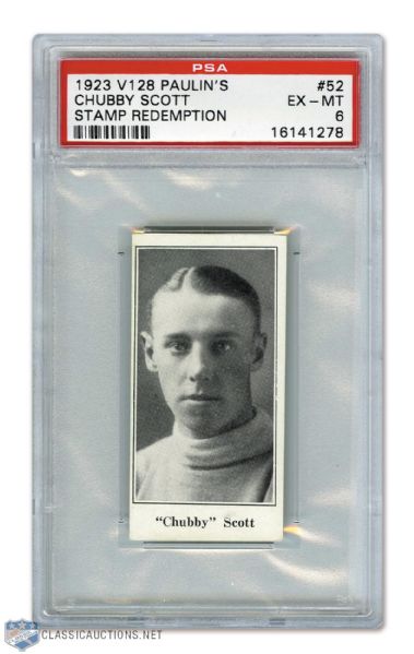 1923-24 Paulins Candy V128  Hockey Card #52 Chubby Scott (Stamp) - Graded PSA 6 - Highest Graded!