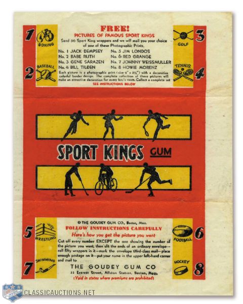 1933-34 Goudey Sport Kings Series 1 Hockey Card Wrapper