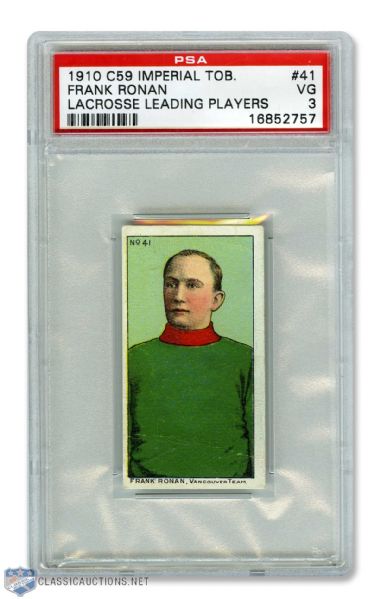 1910-11 Imperial Tobacco C59  Lacrosse Card #41 Frank Ronan RC - Graded PSA 3