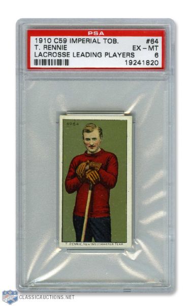 1910-11 Imperial Tobacco C59 Lacrosse Card #64 HOFer Tom Rennie RC - Graded PSA 6 - Highest Graded!