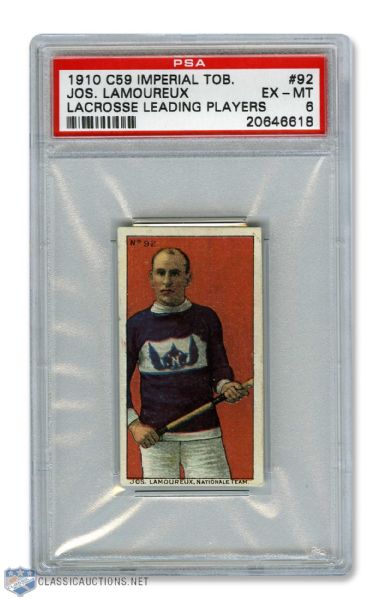1910-11 Imperial Tobacco C59 Lacrosse Card #92 Joseph "Oncle" Lamoureux RC - Graded PSA 6 - Highest Graded!