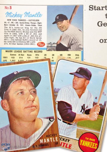 1962 Post Mantle/Maris, 1962 Topps #200 Mickey Mantle and 1968 Topps #280 Mickey Mantle