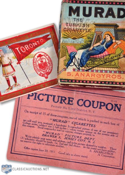 1909-11 Murad Cigarette Box / Wrapper, T6 Picture Coupon and T51 Toronto Card - Box Held the T51 Rochester Hockey Card