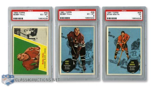 1961-62 Topps #29 Hull & #36 Mikita and 1963-64 Topps #33 Hull PSA-Graded Cards