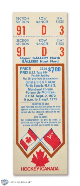 1972 Canada-Russia Series Game 1 Full Ticket from the Montreal Forum