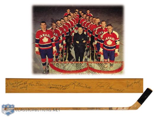 Terry OMalleys 1964 Winter Olympics Team Canada Game-Used Team-Signed Stick with Father David Bauer