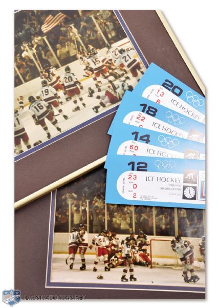 Team USA 1980 "Miracle on Ice" Unused Tickets (4) and Vintage Celebration Framed Photos (2)