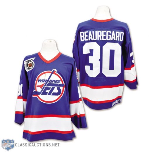 Stephane Beauregards 1991-92 Winnipeg Jets Game-Worn Jersey with 75th Patch