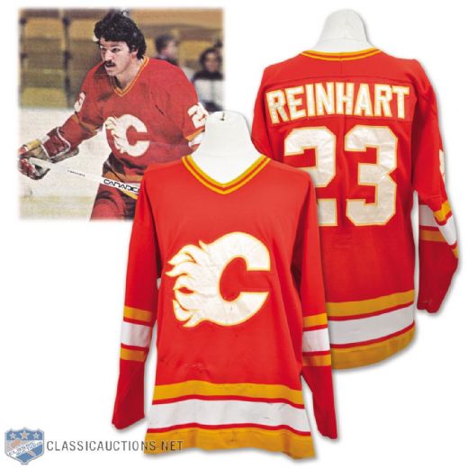 Paul Reinharts 1980-81 Calgary Flames Game-Worn Jersey with LOA - Team Repairs! - Photo-Matched!