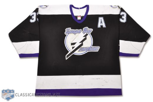 Fredrik Modins 2002-03 Tampa Bay Lightning Game-Worn Alternate Captains Jersey with LOA and Signed Game-Used Stick