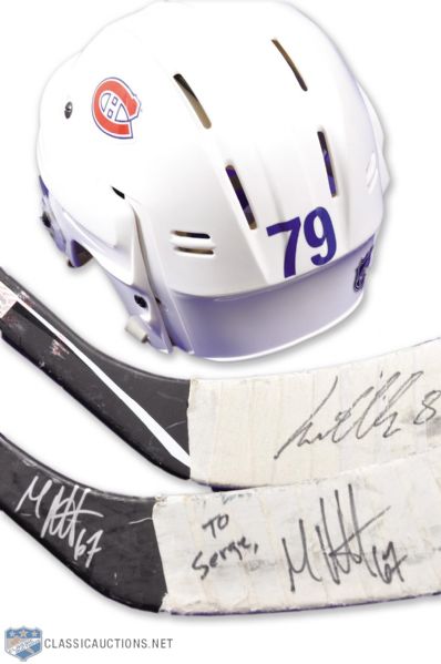 Montreal Canadiens Max Paciorettys and Lars Ellers Signed Game-Used Sticks Plus Andrei Markovs Game-Worn Helmet