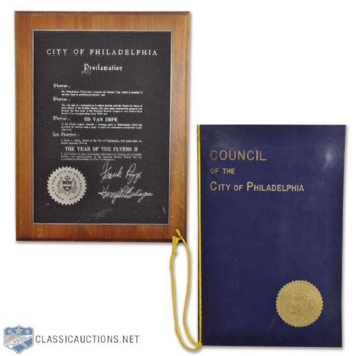 Ed Van Impes City of Philadelphia 1974 and 1975 Stanley Cup Championship Diploma and Plaque