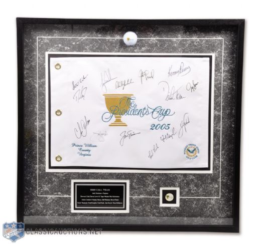 The Presidents Cup 2005 Team USA Team-Signed Flag Framed Display with Woods and Nicklaus - PSA/DNA (25 3/4" x 27")
